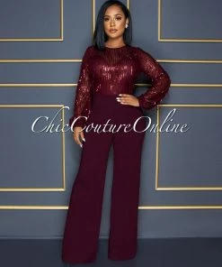 Vendor-unknown Alfieri Wine Red Mesh Sequins Fringe Top Jumpsuit