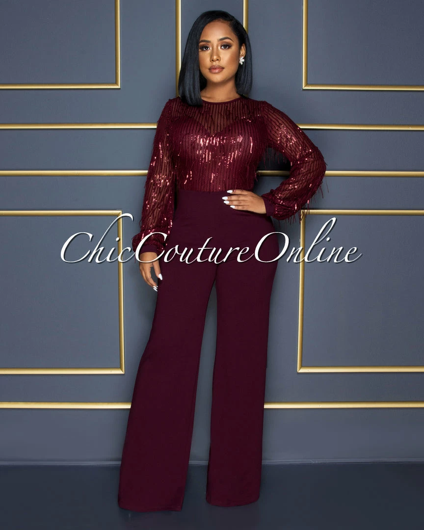 Vendor-unknown Alfieri Wine Red Mesh Sequins Fringe Top Jumpsuit
