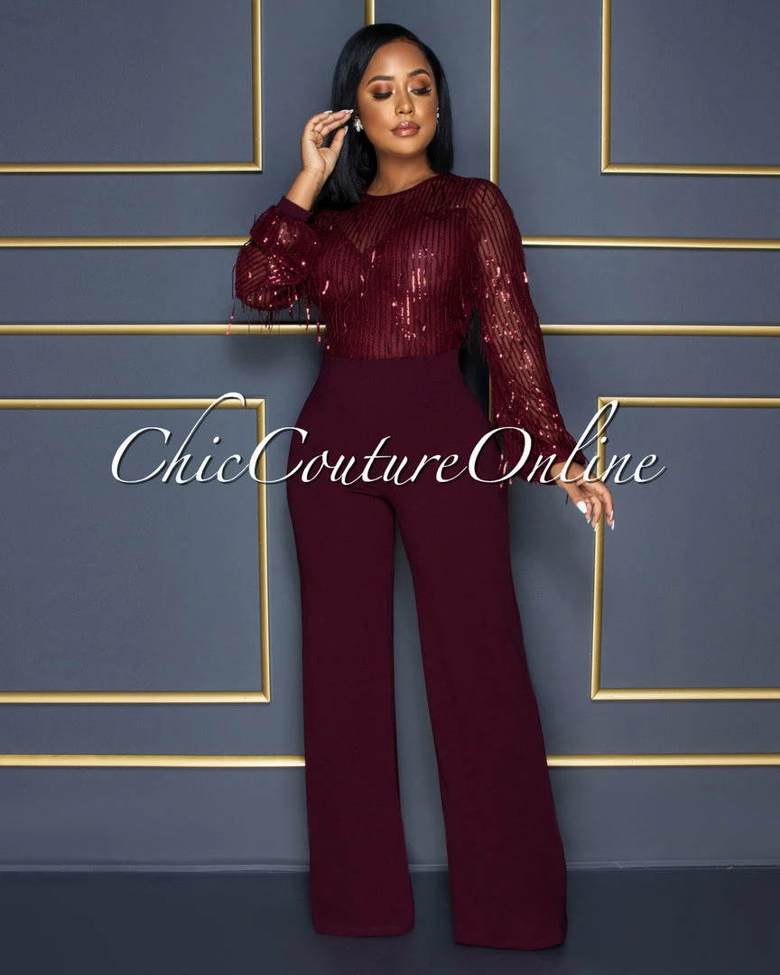 Vendor-unknown Alfieri Wine Red Mesh Sequins Fringe Top Jumpsuit