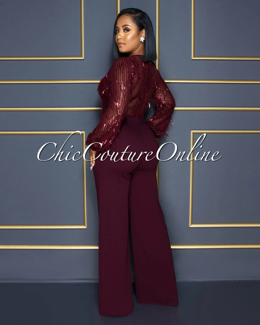 Vendor-unknown Alfieri Wine Red Mesh Sequins Fringe Top Jumpsuit