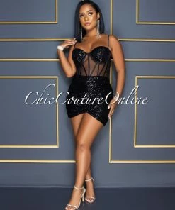 Vendor-unknown Wilena Black Sequins Mesh Corset Waist Dress CELEBRITY CO