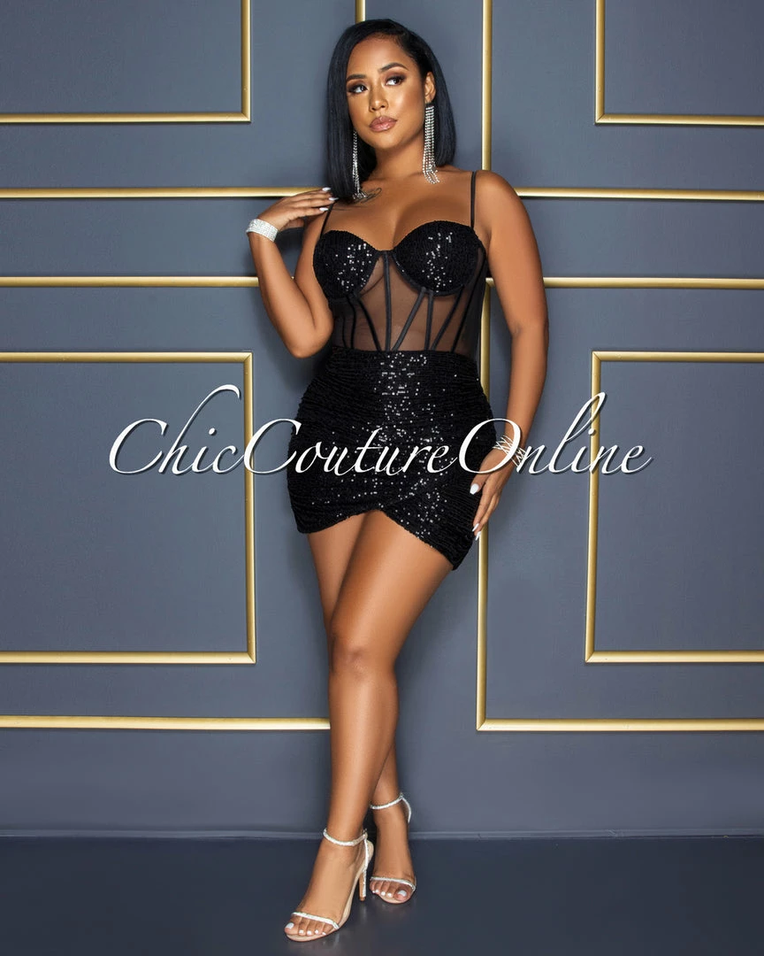 Vendor-unknown Wilena Black Sequins Mesh Corset Waist Dress CELEBRITY CO