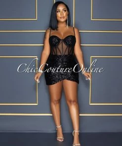 Vendor-unknown Wilena Black Sequins Mesh Corset Waist Dress CELEBRITY CO