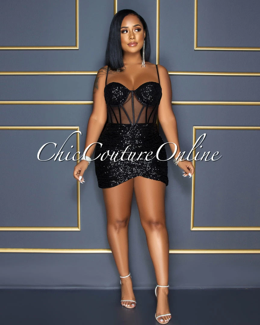 Vendor-unknown Wilena Black Sequins Mesh Corset Waist Dress CELEBRITY CO