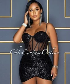 Vendor-unknown Wilena Black Sequins Mesh Corset Waist Dress CELEBRITY CO
