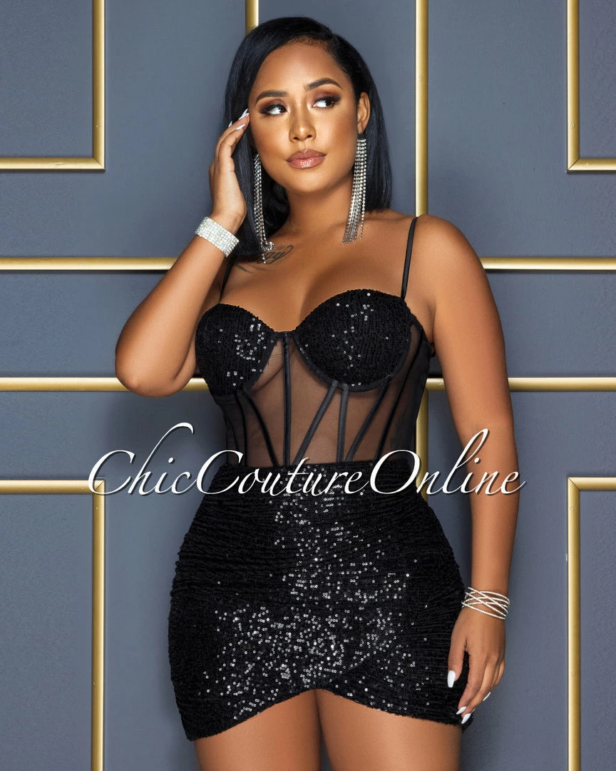 Vendor-unknown Wilena Black Sequins Mesh Corset Waist Dress CELEBRITY CO