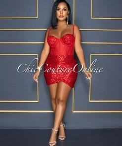 Vendor-unknown CELEBRITY CO Wilena Red Sequins Mesh Corset Waist Dress