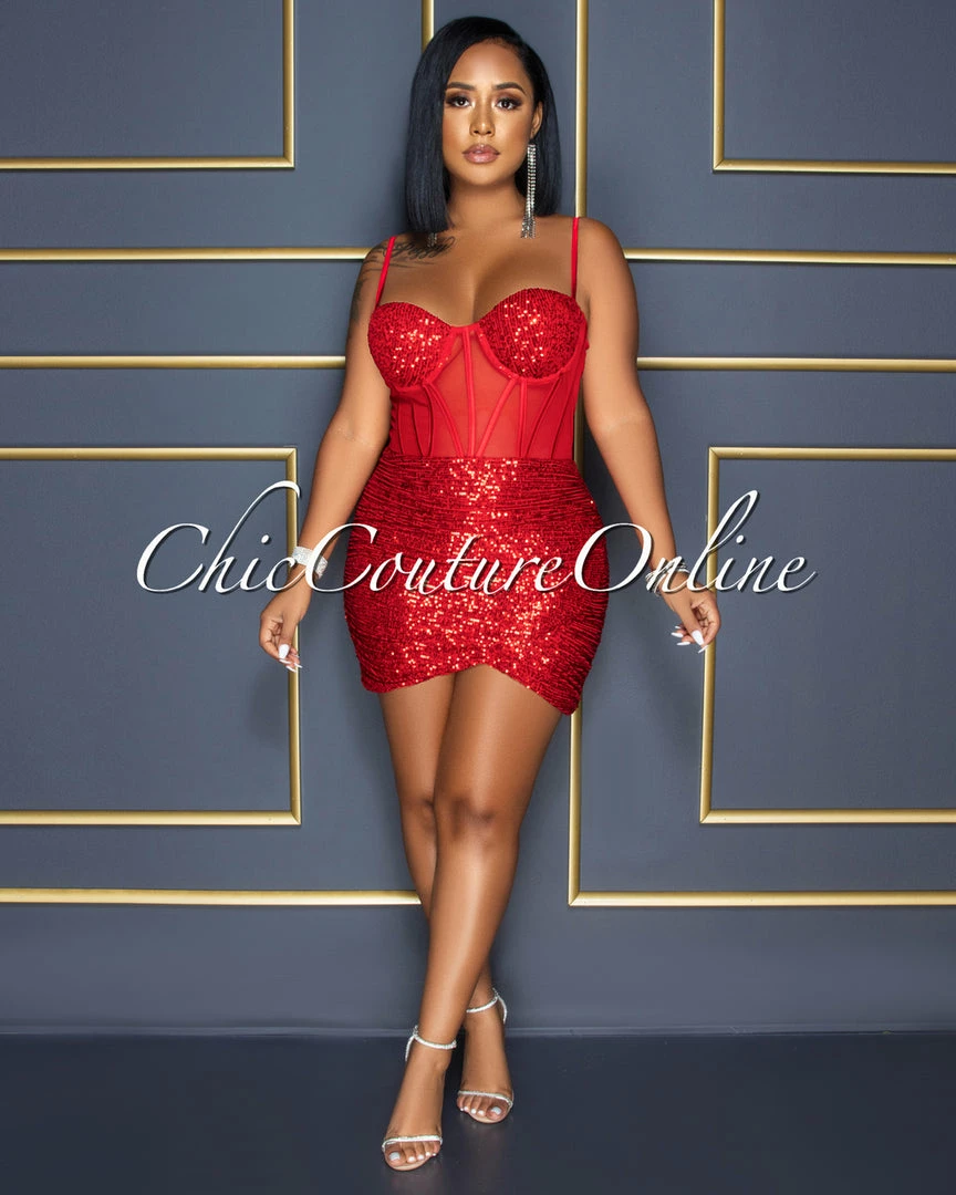 Vendor-unknown CELEBRITY CO Wilena Red Sequins Mesh Corset Waist Dress