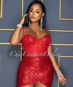 Vendor-unknown CELEBRITY CO Wilena Red Sequins Mesh Corset Waist Dress