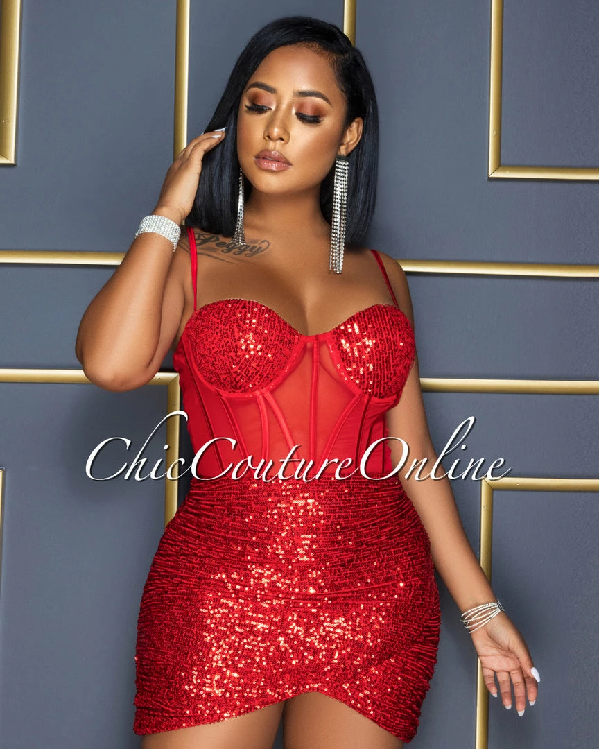 Vendor-unknown CELEBRITY CO Wilena Red Sequins Mesh Corset Waist Dress