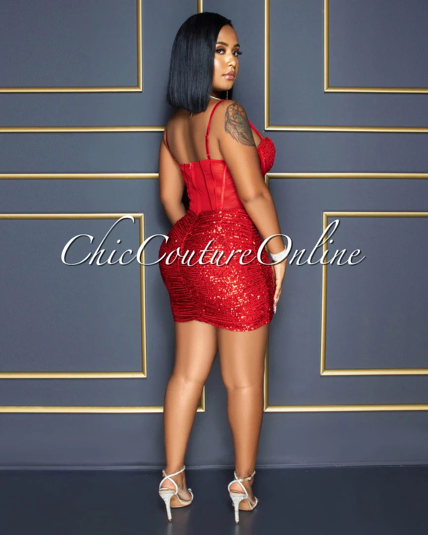 Vendor-unknown CELEBRITY CO Wilena Red Sequins Mesh Corset Waist Dress
