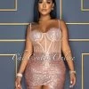 Vendor-unknown Wilena Nude Rose Gold Sequins Mesh Corset Waist Dress