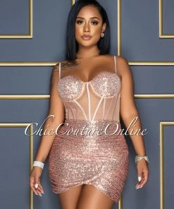 Vendor-unknown Wilena Nude Rose Gold Sequins Mesh Corset Waist Dress