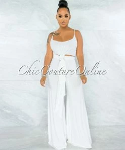 Vendor-unknown Runa Off-White Long Overlay Crop Top & Wide Legs Pants Set