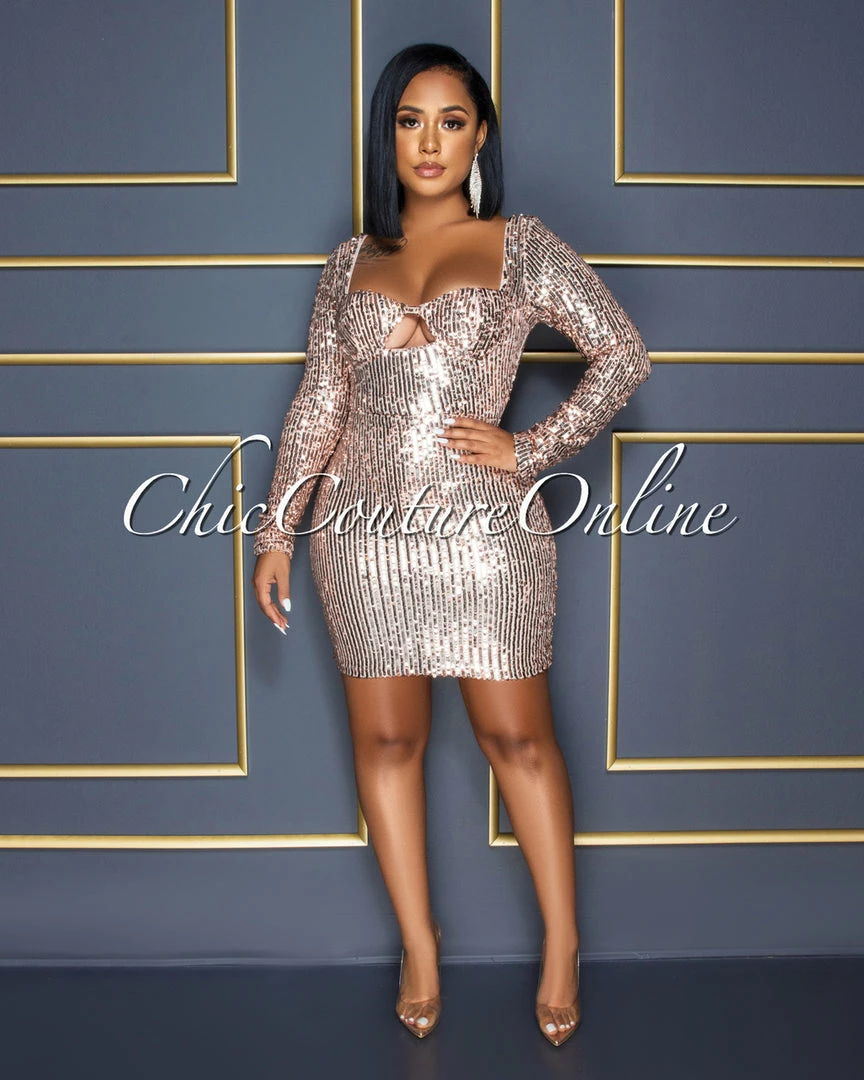 Vendor-unknown Nathaniel Nude Rose Gold Sequins Bust Key-Hole Dress