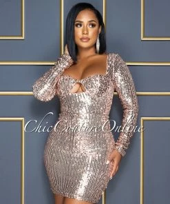 Vendor-unknown Nathaniel Nude Rose Gold Sequins Bust Key-Hole Dress