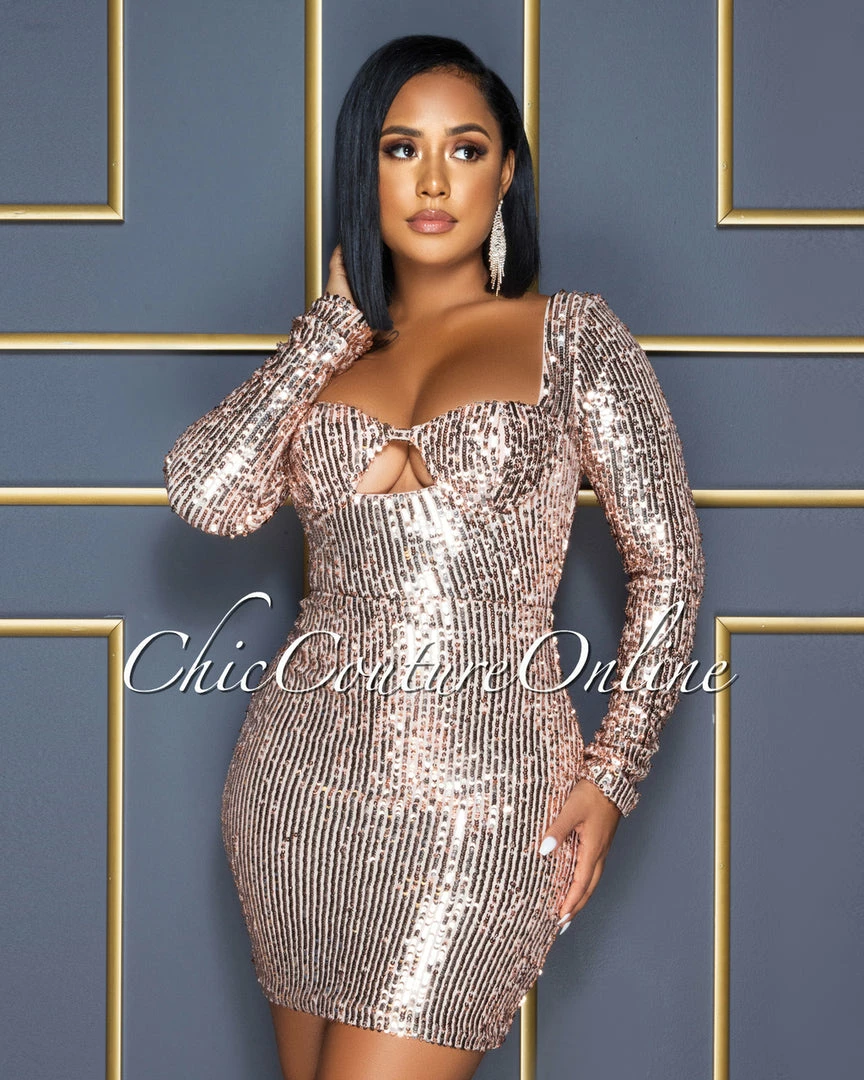 Vendor-unknown Nathaniel Nude Rose Gold Sequins Bust Key-Hole Dress