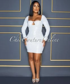 Vendor-unknown CELEBRITY CO Nathaniel White Sequins Bust Key-Hole Dress