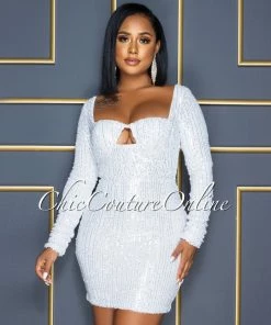 Vendor-unknown CELEBRITY CO Nathaniel White Sequins Bust Key-Hole Dress