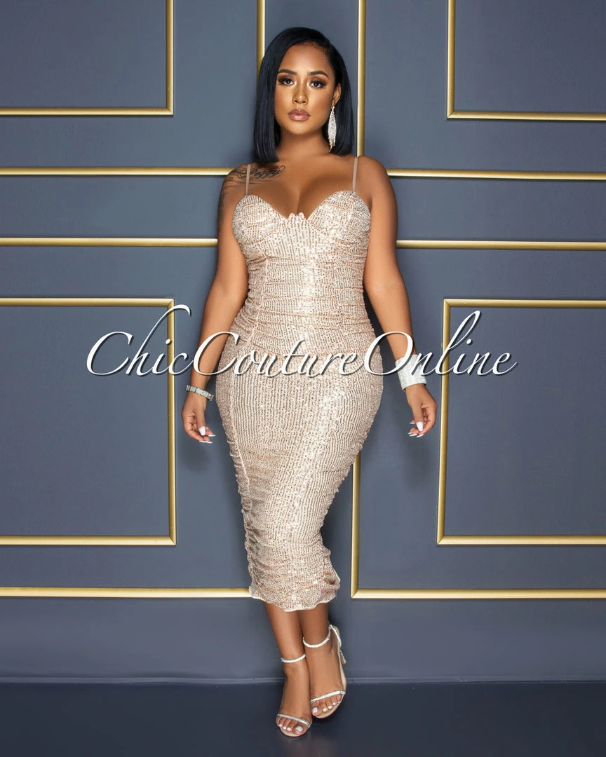 Vendor-unknown CELEBRITY CO Adison Nude Rose Gold Sequins Ruched Midi Dress