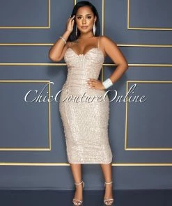 Vendor-unknown CELEBRITY CO Adison Nude Rose Gold Sequins Ruched Midi Dress