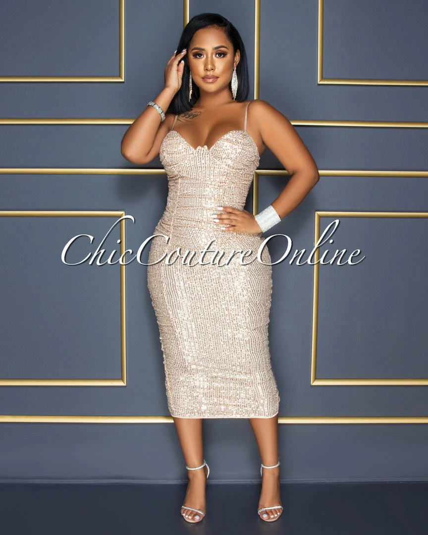 Vendor-unknown CELEBRITY CO Adison Nude Rose Gold Sequins Ruched Midi Dress
