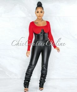 Vendor-unknown JUST IN Glade Red Black Faux Leather Corset Illusion Top