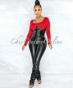 Vendor-unknown JUST IN Glade Red Black Faux Leather Corset Illusion Top