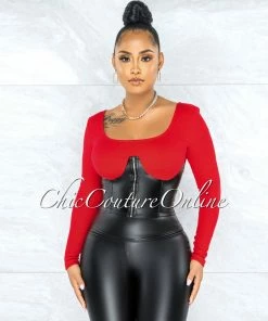 Vendor-unknown JUST IN Glade Red Black Faux Leather Corset Illusion Top