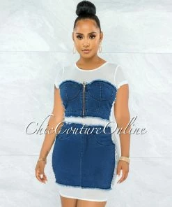 Vendor-unknown JUST IN Ignacia White Blue Denim Set Illusion Dress