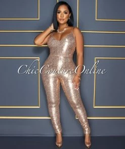 Vendor-unknown Sumeya Rose Gold Sequins Clear Straps Jumpsuit