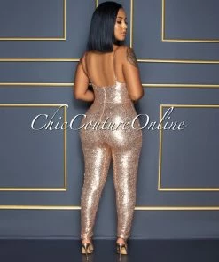 Vendor-unknown Sumeya Rose Gold Sequins Clear Straps Jumpsuit