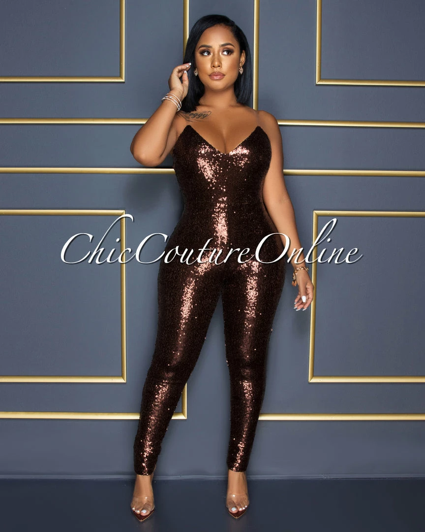 Vendor-unknown Sumeya Brown Sequins Clear Straps Jumpsuit CELEBRITY CO