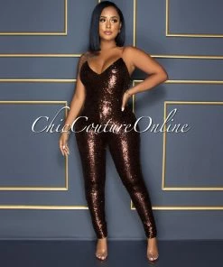 Vendor-unknown Sumeya Brown Sequins Clear Straps Jumpsuit CELEBRITY CO