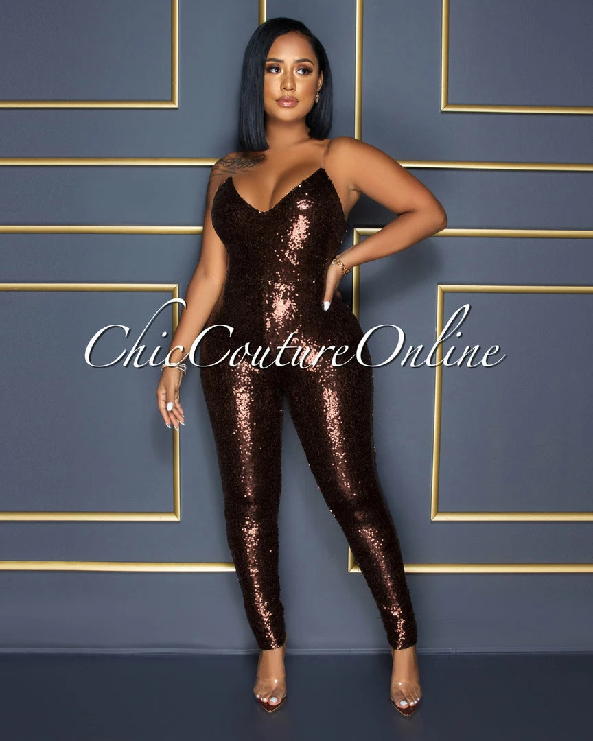Vendor-unknown Sumeya Brown Sequins Clear Straps Jumpsuit CELEBRITY CO