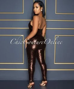 Vendor-unknown Sumeya Brown Sequins Clear Straps Jumpsuit CELEBRITY CO