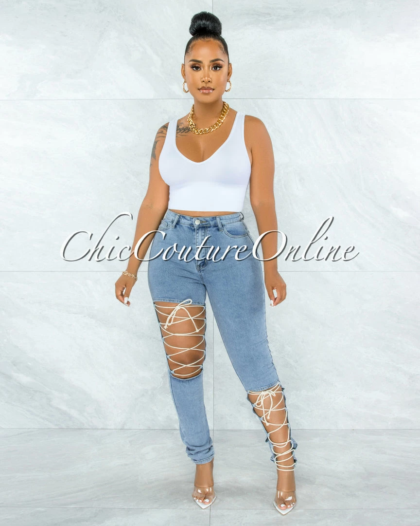 Vendor-unknown Hanson Light Denim White Lace-Up Jeans JUST IN