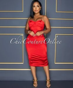 Vendor-unknown CELEBRITY CO Kingswell Red Gold Link Straps Ruched Satin Midi Dress