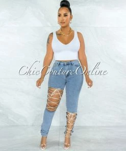 Vendor-unknown Hanson Light Denim White Lace-Up Jeans JUST IN