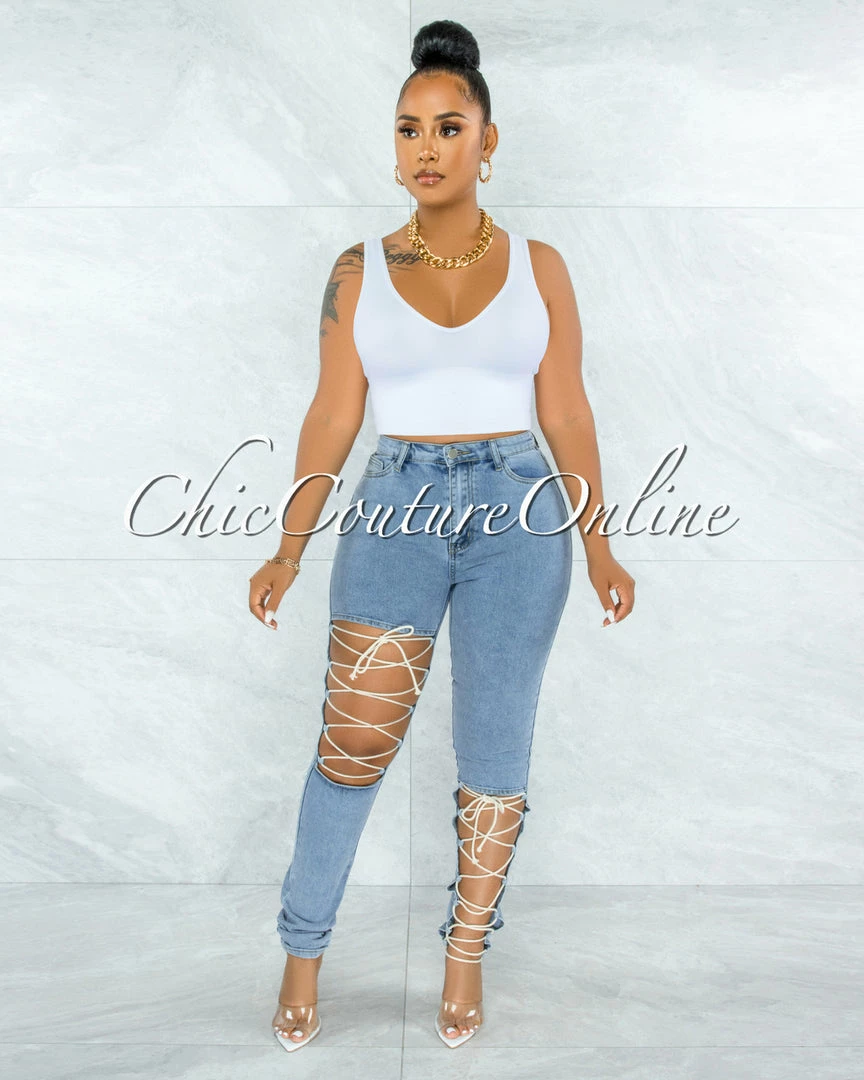 Vendor-unknown Hanson Light Denim White Lace-Up Jeans JUST IN