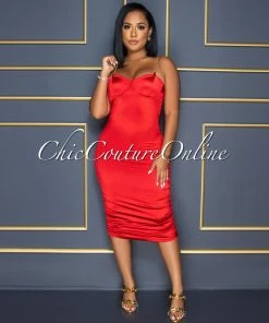 Vendor-unknown CELEBRITY CO Kingswell Red Gold Link Straps Ruched Satin Midi Dress