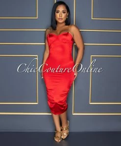 Vendor-unknown CELEBRITY CO Kingswell Red Gold Link Straps Ruched Satin Midi Dress