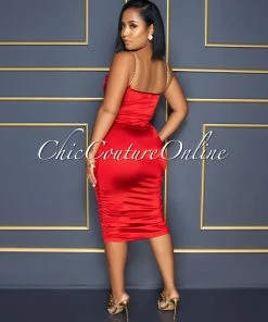 Vendor-unknown CELEBRITY CO Kingswell Red Gold Link Straps Ruched Satin Midi Dress