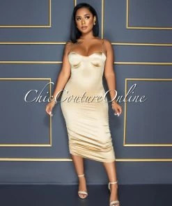 Vendor-unknown Kingswell Gold Link Straps Ruched Satin Midi Dress CELEBRITY CO