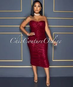 Vendor-unknown Kayden Burgundy Sequins Ruched Strapless Midi Dress CELEBRITY CO