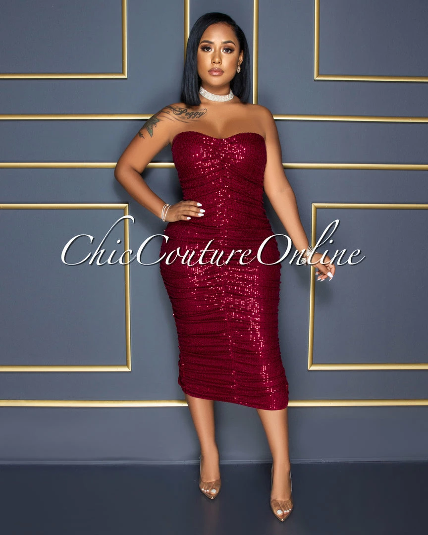 Vendor-unknown Kayden Burgundy Sequins Ruched Strapless Midi Dress CELEBRITY CO