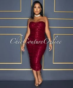Vendor-unknown Kayden Burgundy Sequins Ruched Strapless Midi Dress CELEBRITY CO