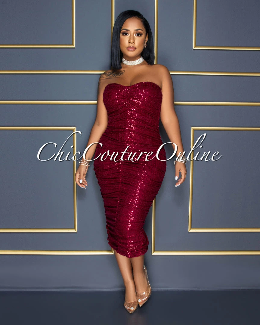 Vendor-unknown Kayden Burgundy Sequins Ruched Strapless Midi Dress CELEBRITY CO