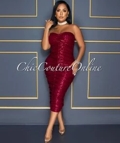 Vendor-unknown Kayden Burgundy Sequins Ruched Strapless Midi Dress CELEBRITY CO