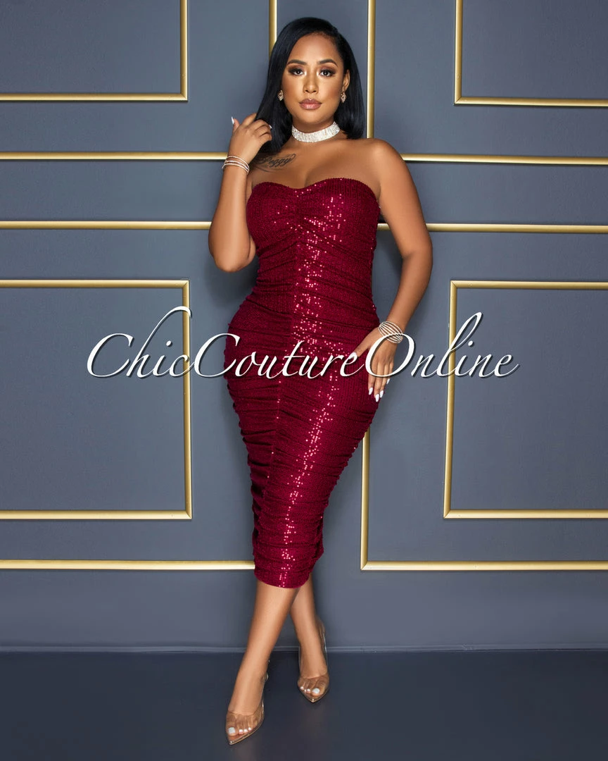 Vendor-unknown Kayden Burgundy Sequins Ruched Strapless Midi Dress CELEBRITY CO